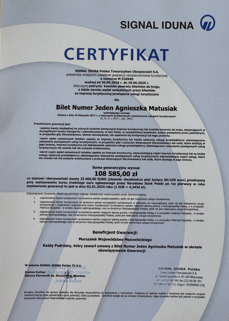certyfikat biura podróży wystawiony przez Signal iduna